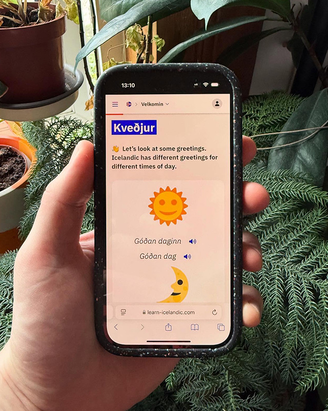 A person holding a smartphone looking at Learn Icelandic